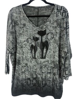 Cat Graphic Rhinestone Embellished Burnout V-Neck Top Black Gray 3/4 Sleeve
